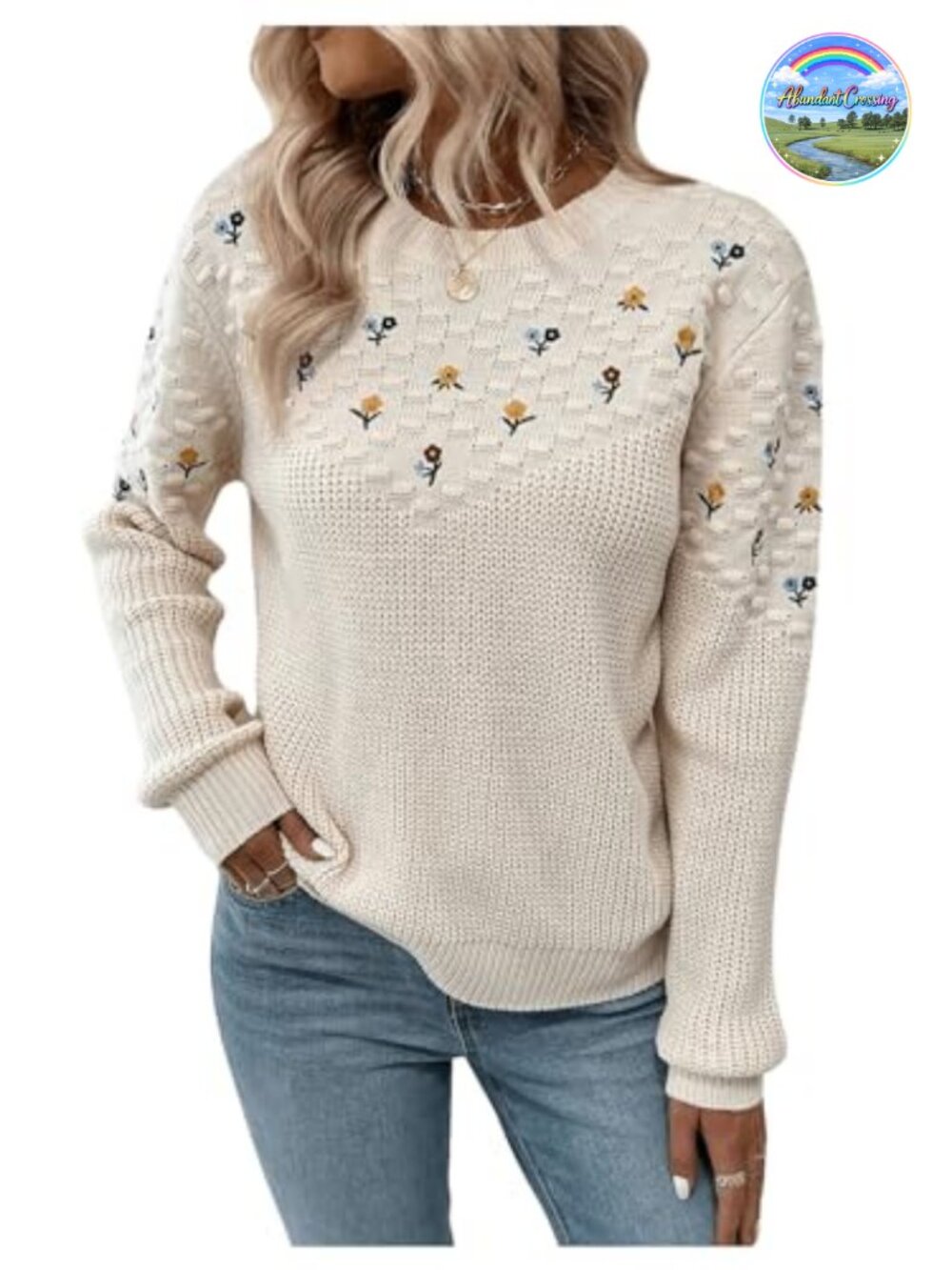 Women's Floral Embroidered Pullover Sweater Long Sleeve Round Neck Loose Fit